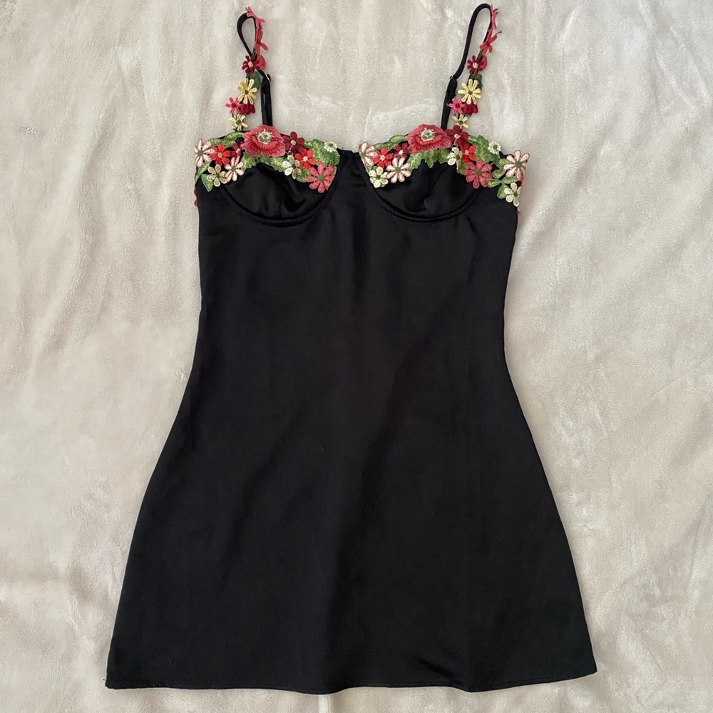 Miss Lola Black Mini Dress with Floral Accents